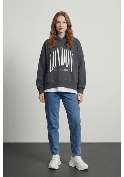 Quzu 01407 Kadın Baskı Detaylı Kapüşonlu Sweatshirt Antrasit