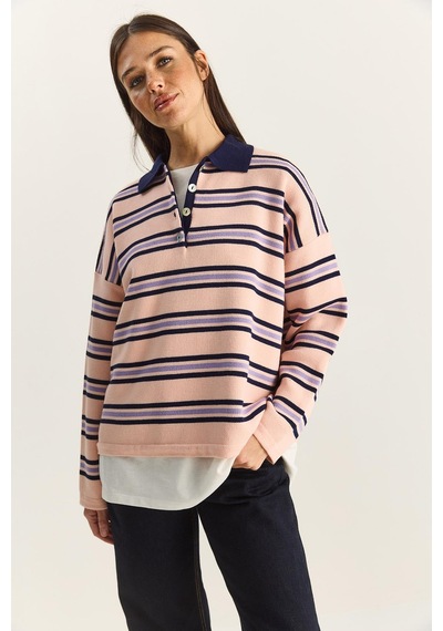Shade Polo Yaka Çizgili Basic Triko Kazak 20258061 - Pembe