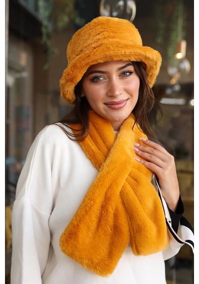 Kadın Peluş Kaşkol Boyunluk Atkı Rkb-01 Hardal Hardal