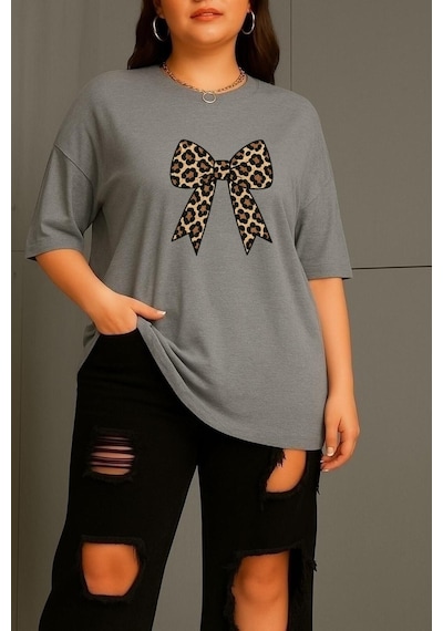 Büyük Leopar Desenli Klurdela Baskılı Unisex Tişört Gri