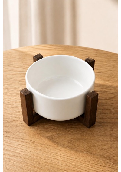 Ahşap Standlı Seramik Kase Bowl Salata Tabağı Sunumluk Ve Sosluk 14 Cm