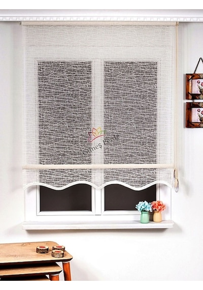 Çizgi Desenli Tül Zebra Perde Eteği Dilimli 28n32 Alüminmyumkasa Ekru