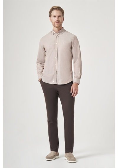 İmza Bej-beyaz Düğmeli Yaka Oxford Slim Fit Pamuklu Gömlek 1004265124 K.bej - Beyaz