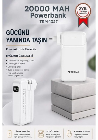 Premium Kablolu Şarj Pratik Batarya 20000 Mah Type-c Lightning Powerbank Trm-1027 22,5w Çok Renkli