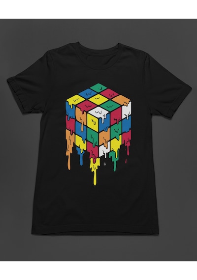 Bumeta Rubik Zeka Küpü Renkli Kombinasyon Akışkan Baskılı Unisex Tişört T-shirt Siyah