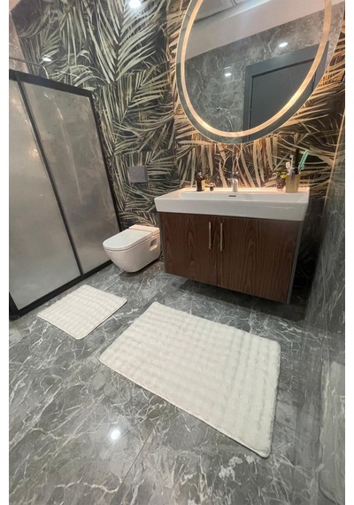 Modern Bubble Yıkanabilir Kaymaz Peluş Banyo Paspası Halısı 2'li Klozet Takımı 60x100 + 50x60 Krem