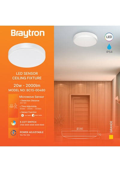 Braytron 5 Renk Sensörlü Grande 20w Sensörlü Led Tavan Armatürü Beyaz