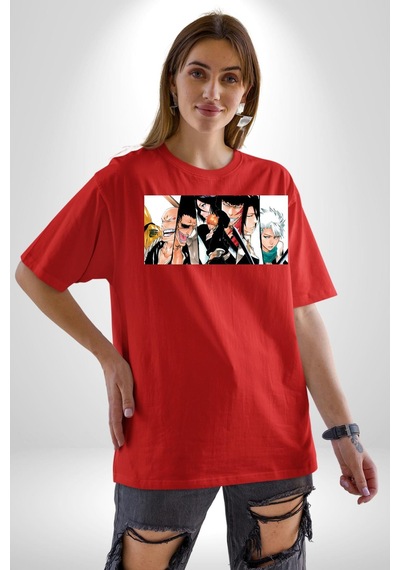 Bleach Anime Pamuklu Bisiklet Yaka Unisex Oversize Boyfriend Dijital Baskılı Kırmızı T-shirt Kırmızı