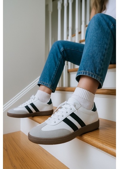 N Moda Unisex Siyah Beyaz Termo Taban Yanı Şeritli Bağcıklı Spor Ayakkabı Beyaz Siyah