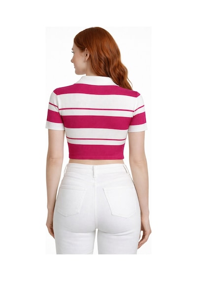 Neden Tekstil Çizgili Polo Yaka Düğmeli Triko Crop Bluz - Fuşya