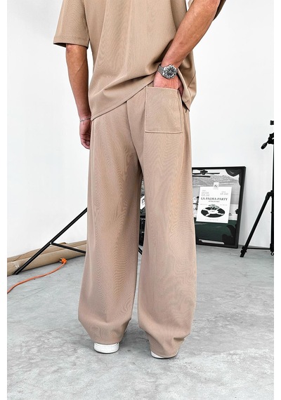 Bej İnce Fitilli Oversize Tişört Bej