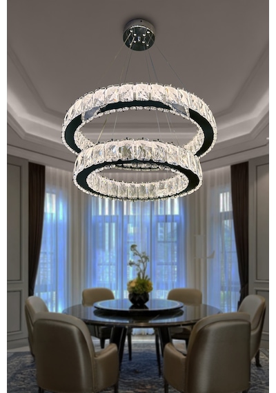 2 Daire Taşlı Modern Led Avize Krom