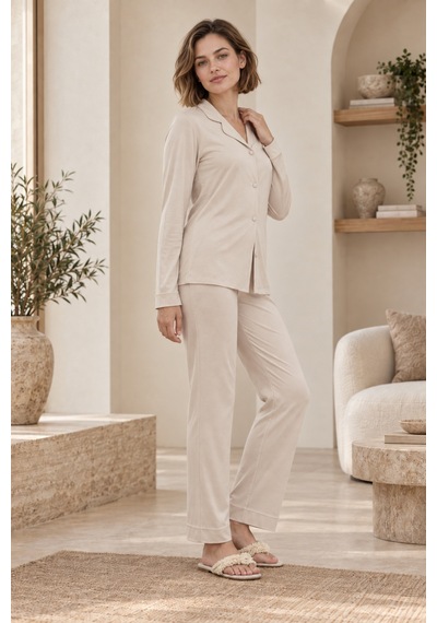Loule Kadın Bej Klasik Gömlek Yaka Penye Pijama Takımı Düğmeli