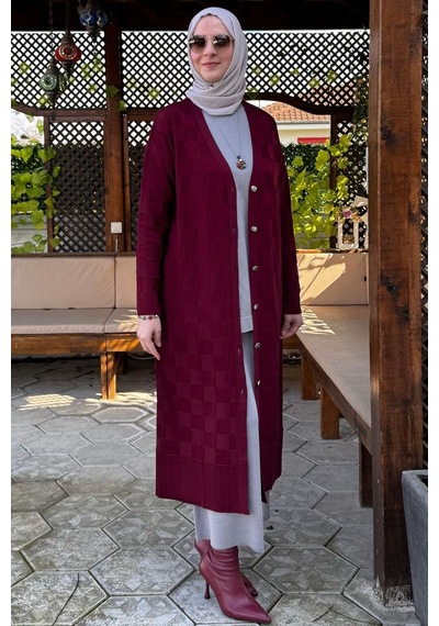 Rabia Şamlı Dama Desenli Triko Hırka Bordo Çok Renkli