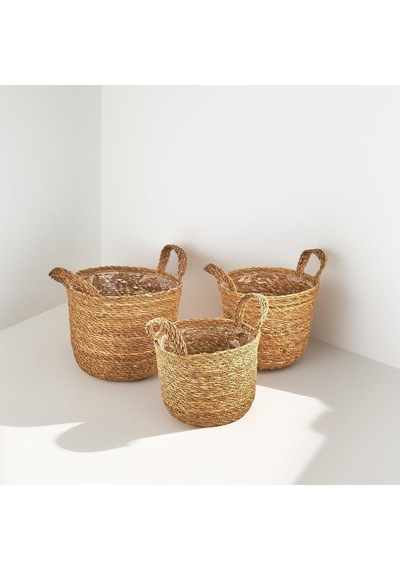 3'lü El Yapımı Doğal Hasır Kulplu Yuvarlak Saksı Seti, Hasır El Yapımı Suya Karşı Koruma Poşetli Yuvarlak Örgü Saksı 3'lü Set, Rattan Saksı Seti, 24cm 22cm-22cm 20cm-20cm 18cm 001