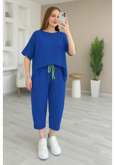 Efnaz Style Kadın Kısa Kollu Bisiklet Yaka Viskon Iki Iplik Bluz Ve Pantolon Ikili Takım Saksmavi