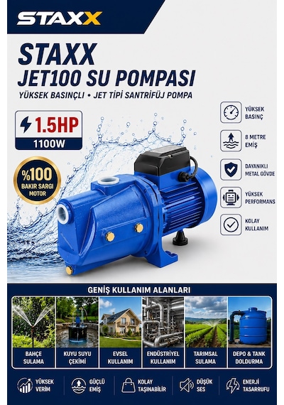 Staxx Stx1520mj Multijet100 1100w 1.5hp Tam Güç Tam Bakır Sargılı Jet Pompa Bahçe Sulama Hidroforu
