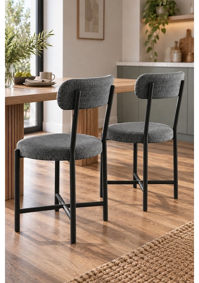 Sulorahome 2'li Keten Kumaş Metal Ayaklı Modern Mutfak Sandalyesi Seti Antrasit