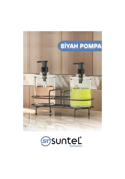 Suntel Siyah Pompalı Plastik Sıvı Sabunluk Seti 2 Li Metal Standlı Siyah
