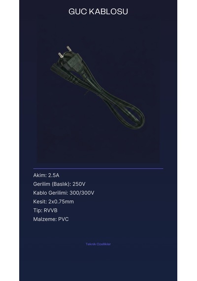 2 Pinli Güç Kablosu 1.5m 2.5a 250v - 2x0.75mm Teyp, Tv Ve Konsol Besleme Kablosu 1,5m