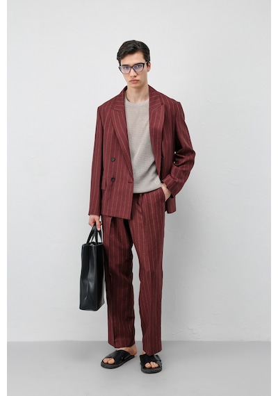 Antioch Keten Karışımlı Çizgili Erkek Blazer Ceket Bordo
