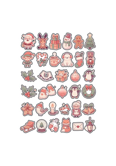 30 Adet Pastel Yılbaşı Sticker Seti - Laptop Defter Ajanda İçin Çok Renkli