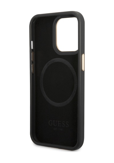 Apple Uyumlu iPhone 15 Pro Max Kılıf Guess Lisanslı M-safe 4g Desenli Pu Metal Plaka Logolu Siyah Siyah
