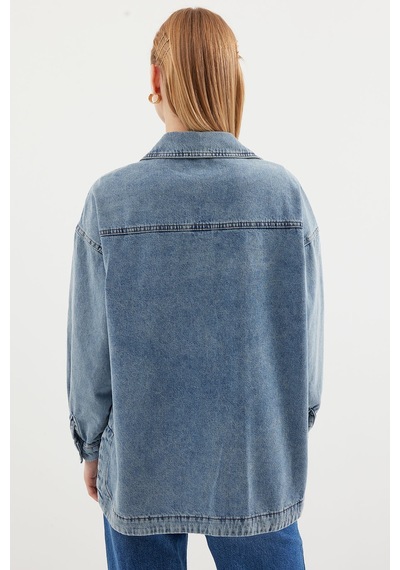 Bigdart 0694 Çift Cepli Oversize Denim Ceket - Buz Mavi 001