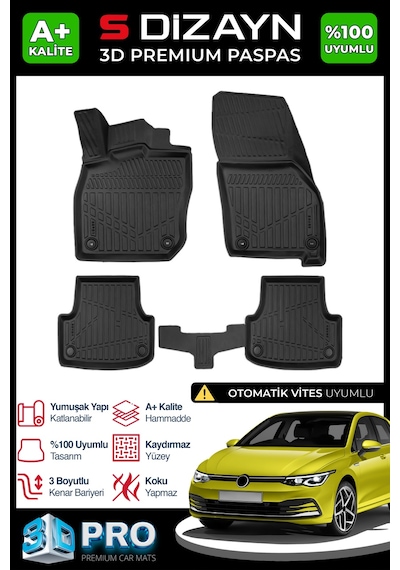 Vw Golf 8 Oto. 3d Pro Havuzlu Paspas 2021-2024 A+ Kalite