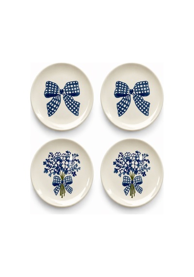 Blue Gift 4 Lü Çiçek Desenli Seramik Tatlı Tabağı 16 Cm Pasta Kahvaltı Sunum Tabak Seti Beyaz