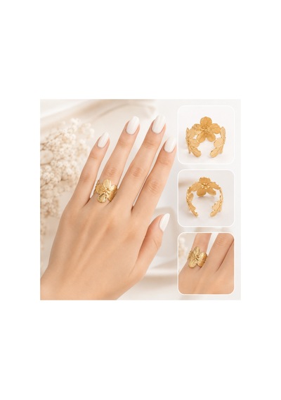 Ayarlanabilir Çelik Çiçek Yüzük Gold Floral Kadın Yüzük Altın Altın