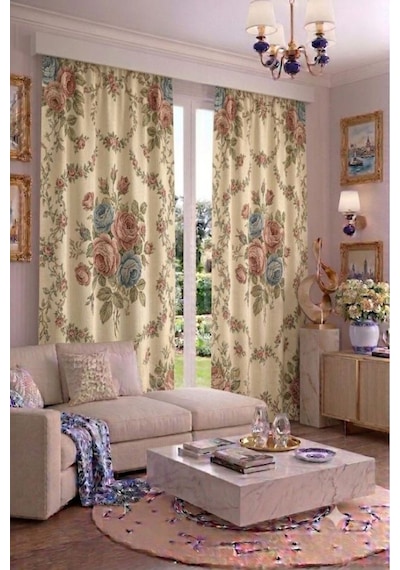 Modern Vintage Desenli Fon Perdesi 140x260 Cm 2 Kanat Dekoratif Dijital Baskılı Premium Salon Oturma Odası Yatak Odası Pencere Perdesi Krem