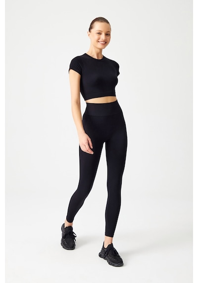 Los Ojos Siyah Seamless Yumuşak Dokulu Spor T-shirt Crop Top Siyah Siyah