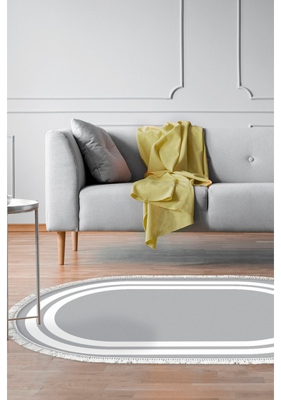 Dijital Baskılı Oval Salon Halısı Kaymaz Yıkanabilir Keçe Taban Saçaklı Geometrik 1696 Gri Beyaz