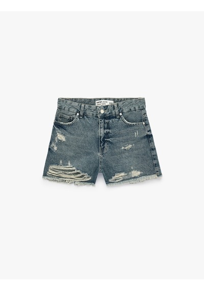 Koton Yıpratma Detaylı Pamuklu Rahat Kalıp Mini Denim Şort Orta İndigo 6sal40031md