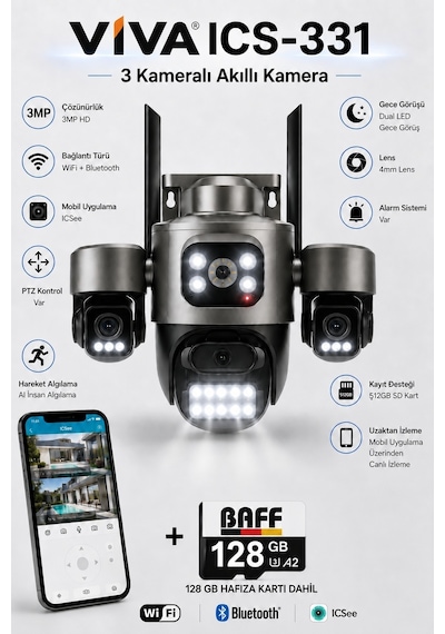 Ics-331 3 Kameralı Akıllı Dış Mekan Ptz Wifi Güvenlik Kamerası 3mp, Icsee, Aı İnsan Takip, Çift Yönlü Ses + 128 Gb Hafıza Kartı Dahil