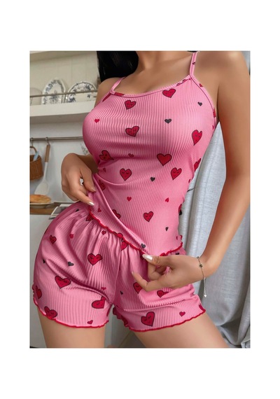 Mr Owl Kadın Pembe Kalp Desenli Askılı Şortlu Takım