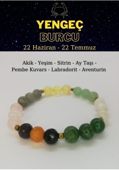 Yengeç Burcu Bilekliği Sitrin, Aytaşı, Yeşim, Aventurin, Pembe Kuvars, Akik, Labradorit Çok Renkli