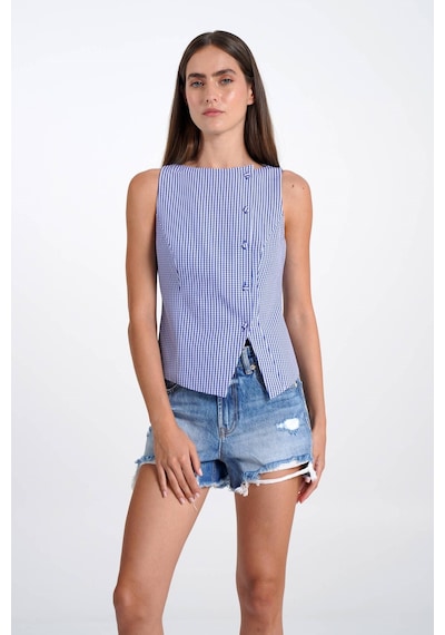Thalure Kadın Lacivert Pötikare Kruvaze Slim Fit Yelek