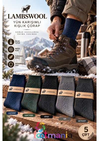 Footmania Erkek Lambswool Kışlık Çorap 5 Çift Çoklu Renk