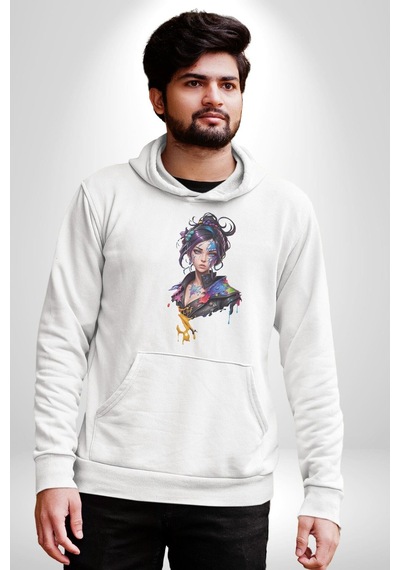 Süper Robot Kız Sulu Boya Kadın Erkek Beyaz Kapüşonlu Sweatshirt Hoodie Beyaz