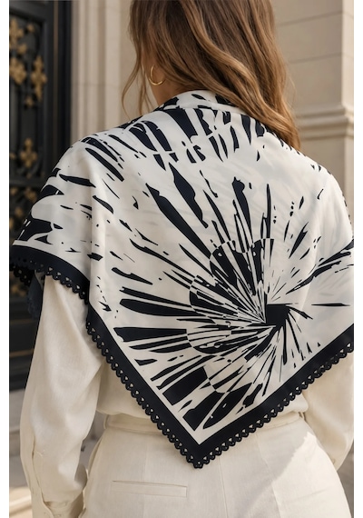 Tarzını Seç Desenli Dantel Oya Kesim Fular / Bandana 70 X 70 Cm Siyah Beyaz
