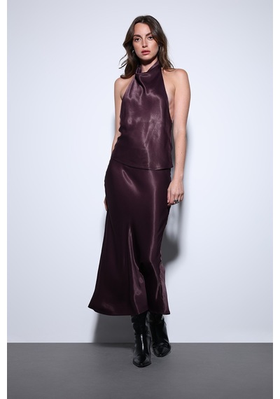 Antioch Saten Midi Etek Bordo