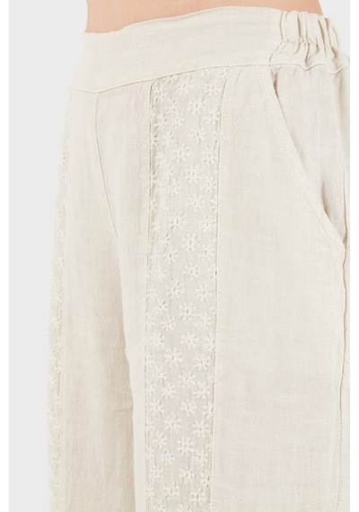 Via Dante % 100 Keten Relaxed Fit Brode İşlemeli Pantolon Bayan Pantolon 69912211 Taş