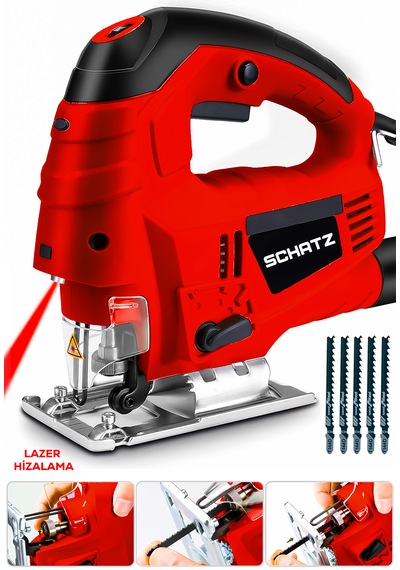 Schatz 800 W Lazerli Devir Ayarlı Dekupaj Testere Makinesi Kırmızı + 5 Adet Testere Ucu