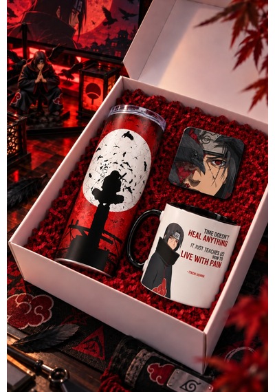 Anime Severlere Özel Naruto Itachi Desenli Hediye Seti Itachi Termos, Itachi Kupa, Itachi Bardak Altlığı