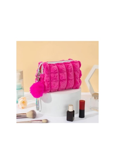 Pembe Peluş Makyaj Çantası, Holografik Detaylı, Ponponlu, Fermuarlı