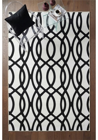 Artdeco Siyah Beyaz Şık Geometrik Desenli Yıkanabilir İnce Dijital Baskı Şönil Salon Koridor Halısı