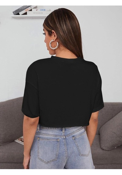 Startmore Kadın Beyaz Bisiklet Yaka Oversize Crop T-shirt Siyah