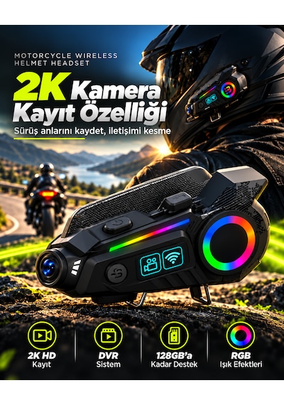 Kameralı Motosiklet Kask İnterkomu 2k Hd Video Kayıt Bluetooth 6.0 Rgb Işıklı Ip65 1500mah Kask Kulaklığı